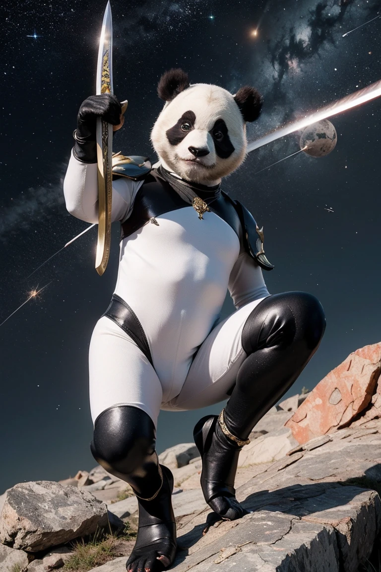 Highest quality, masterpiece, Realistic, High resolution, 8K RAW Photos, One girl、Long Hair、goddess、Holding a decorated sword、Raise your sword、Glamour、(White bodysuit with panda pattern、Gold Edge)、meanwhile、Earrings、(Action pose)、(On a rock on a planet where you can see shooting stars)、(Many tentacles are floating in the starry sky）、Panda Shield、Panda Missile、Panda Sword、Panda Armor、Attack with Panda、パンダの戦闘goddess、Horn、