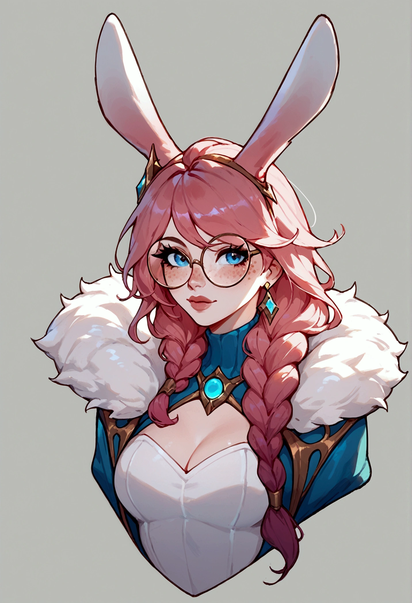 score_9, score_8_up, score_7_up, aurora (league of legends), 1girl, blue eyes, bunny ears, freckles, bangs, braid, sexy, sensual, full body, my melody dress, round glasses, earrings, pink hair, long eyelashes, big bust, platform shoes