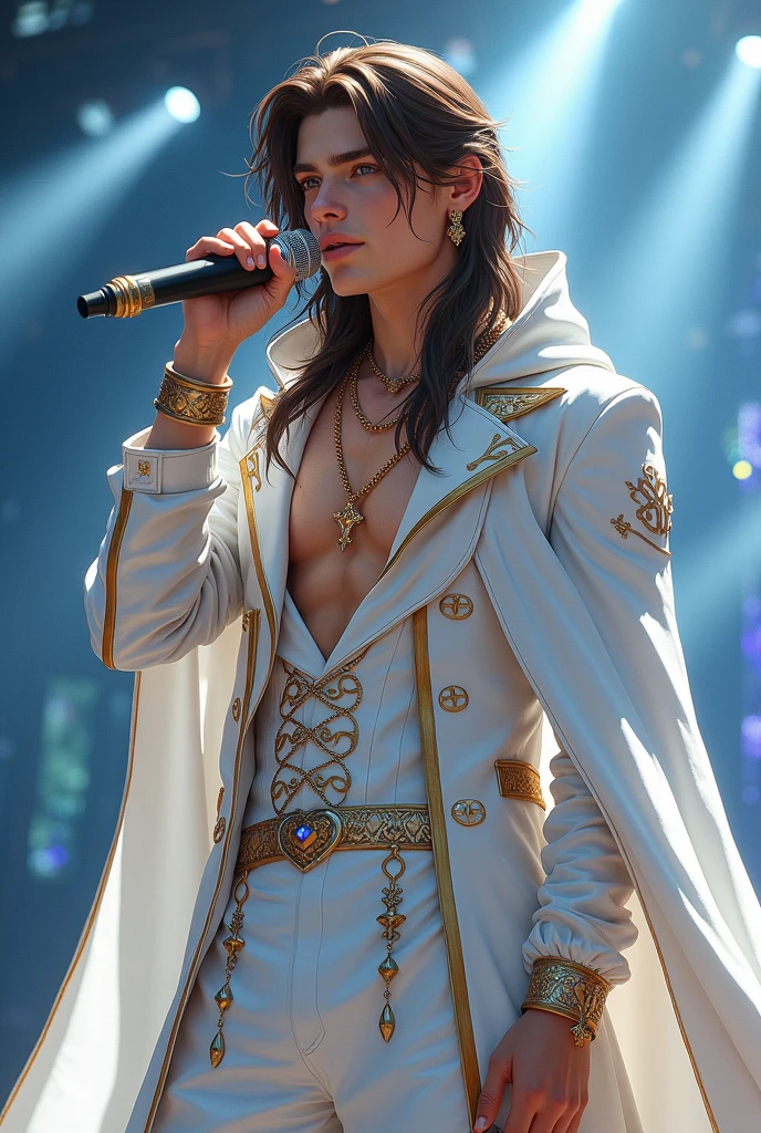 artwork best quality handsome american male teenager long brown hair light skin with white cape and hooded coat on head with gold details white long sleeve shirt and white pants underneath intricate details singing holding a microphone seen from afar full glass at a concert with details uhq 8k details