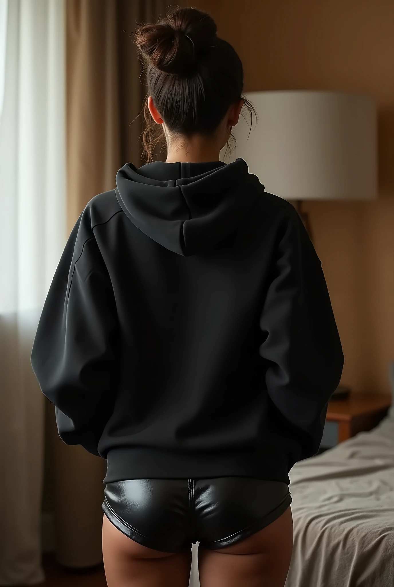 black woman hair in a bun black hoodie black leather short shorts being fucked in the ass by a old grandma in a dress