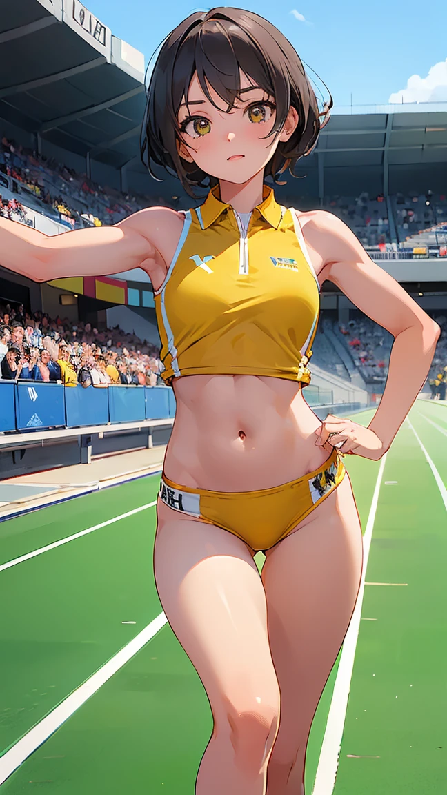 woman.(track and field). (world athletics).(yellow track uniform:1.2), sleeveless, (spectator seats).(packed auditorium).(separate track and field uniform).competition, perfect hands, thigh gap, show belly, running,