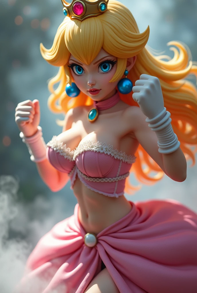 Extreme detailed photorealistic Closeup, best quality, masterpiece, HDR photorealistic image, extremely detailed, great lighting,, Close Up Portrait, Simple color Palette, Hd, very Detailed, awesome Quality, reflecting, luminescent, translucent, Ethereal, Aura, princess Peach, hkstyle angry Peach, light pink revealing clothes, White smoke, light beams through smoke, Bruce Lees iconic posing fighting frame, fists up, underboob, cinematic composition, soft shadows, national geographic style, atmospheric haze, Film grain, cinematic film still, highly detailed,