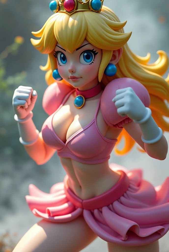 Extreme detailed photorealistic Closeup, best quality, masterpiece, HDR photorealistic image, extremely detailed, great lighting,, Close Up Portrait, Simple color Palette, Hd, very Detailed, awesome Quality, reflecting, luminescent, translucent, Ethereal, Aura, princess Peach, hkstyle angry Peach, light pink revealing clothes, White smoke, light beams through smoke, Bruce Lees iconic posing fighting frame, fists up, underboob, cinematic composition, soft shadows, national geographic style, atmospheric haze, Film grain, cinematic film still, highly detailed,