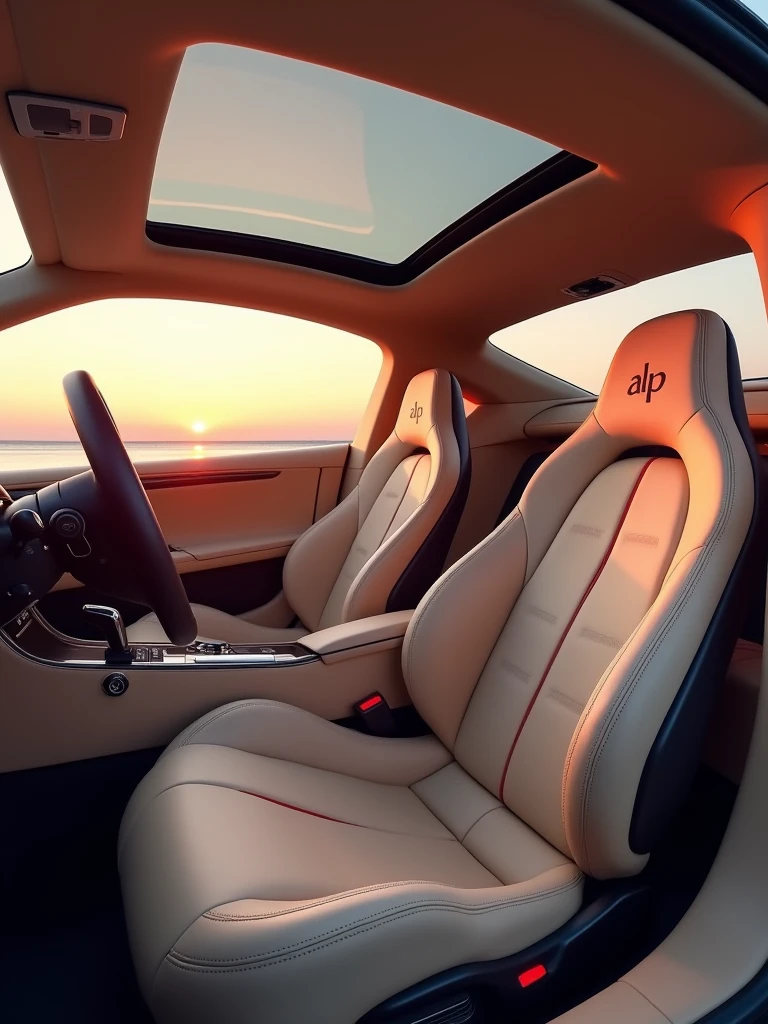 Camera view in 3/4 angle (45 degrees). Highlights include the closed panoramic sunroof, the interior design and the sports seats in beige synthetic leather with the initials “ALP” written in carmine red embroidered on the headrest. | Natural light with a magnificent pink-orange sunset in the outdoor environment. Infinity"