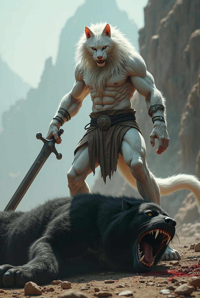 The white human body cat warrior killed a black human body giant dog who laid on ground by his sword