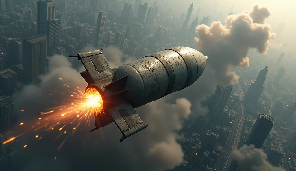 Bomb falling from the sky on a city; bomb perspective; satellite view (from top to bottom)