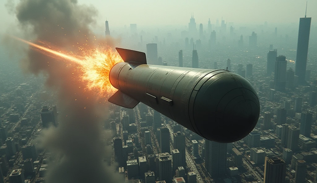 Bomb falling from the sky on a city; bomb perspective; satellite view (from top to bottom)