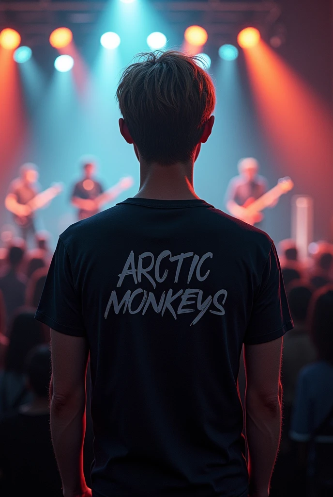 Make the artic monkeys show realistic make a fan man short dark blonde hair tall backside watching the show 
