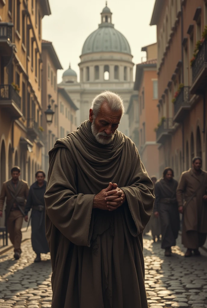 Sad man in Rome over the death of his daughter and wife