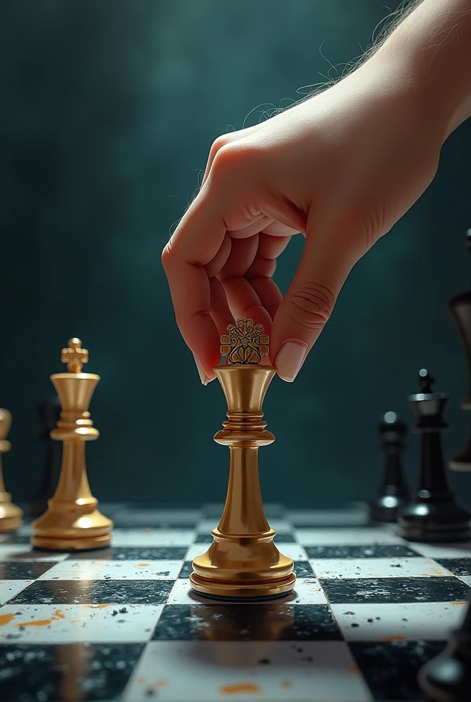 illustration of a woman&#39;s hand beating a chess opponent. The woman&#39;s hand with slender fingers carries a queen chess piece that beats a king chess piece. can chess king tilted position. 