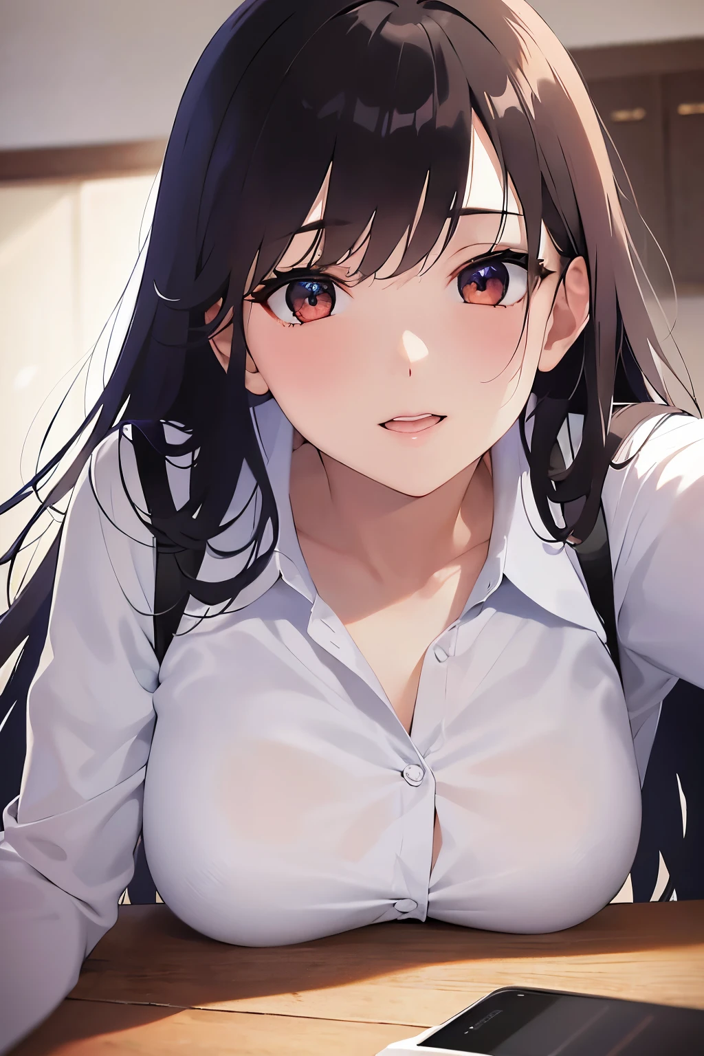 leaning forward、(looking at viewer:1.5),Upper Body, Shooting from above、
Realistic, real person, (pale skin: 1.2), RAW photo, photorealistic, shiny skin, shiny hair、
(A 2 woman with medium-length hair and bangs) and (wavy hair) and (brown hair) and (orange eyes) ,
(white collared shirts)
smile,
office、(alone:1.5)