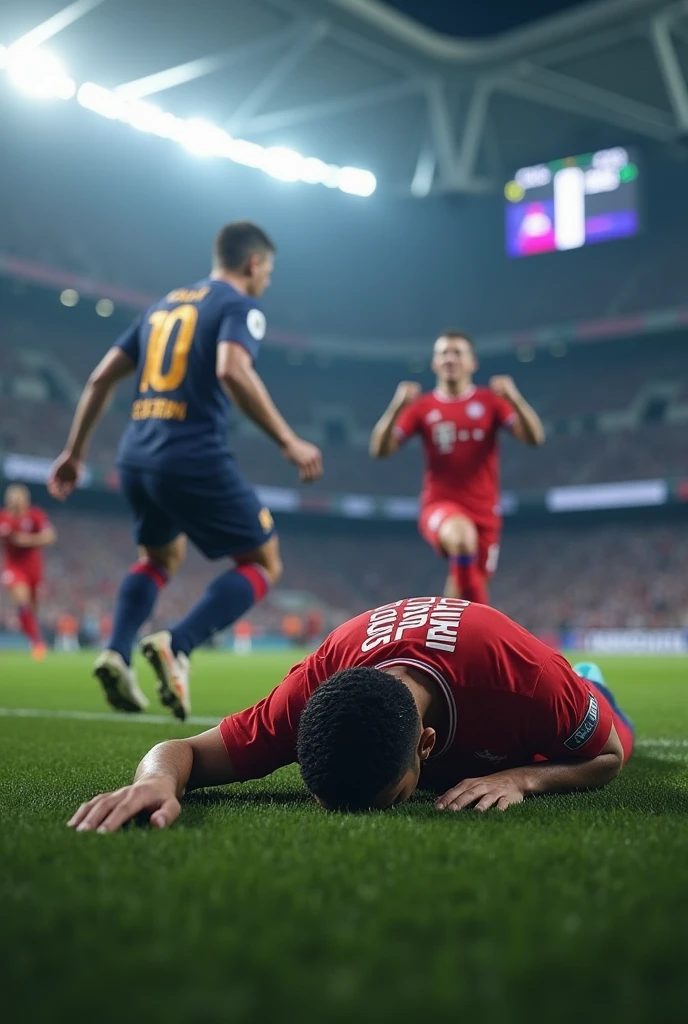 Lamine Yamal lying on the ground and Müller in the background celebrating (Put the stadium score at 9-0 in favor of Bayern vs Barca)