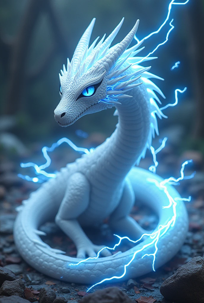 An electric type Asian Dragon with white skin and cyan eyes with scars and an electric aure around him 