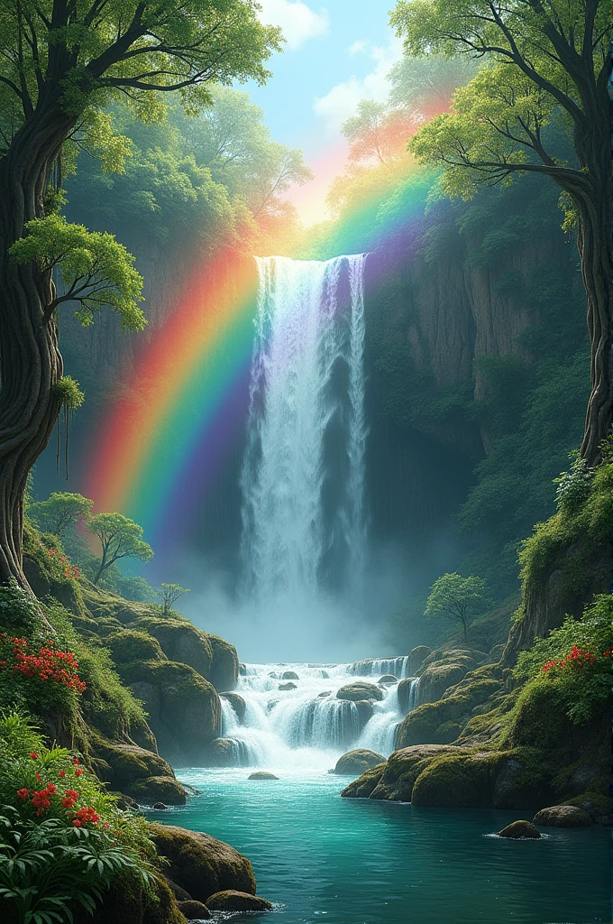 A rainbow over a waterfall surrounded by the lush vegentation