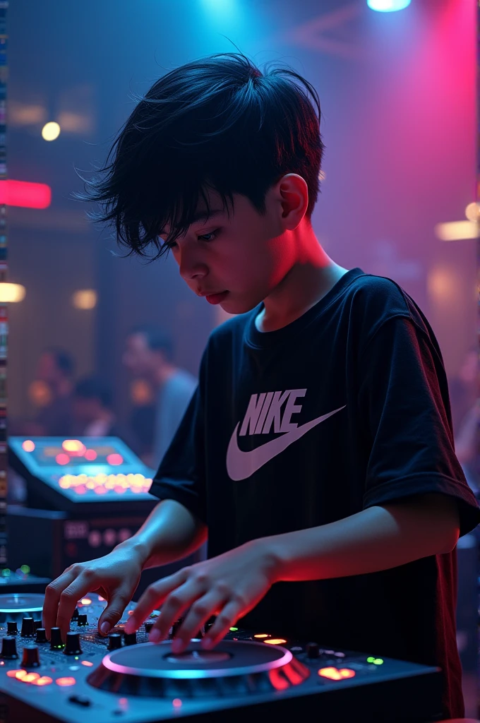Create a black-haired boy mixing like a DJ with a black Nike shirt with the name DJ FRENYER underneath