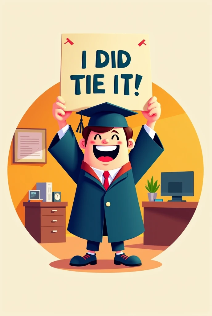 Text of a man in graduation gown holding a sign with both hands and an office sign with I did it on it. Design inside a circle. High quality and high resolution cartoon poster design.