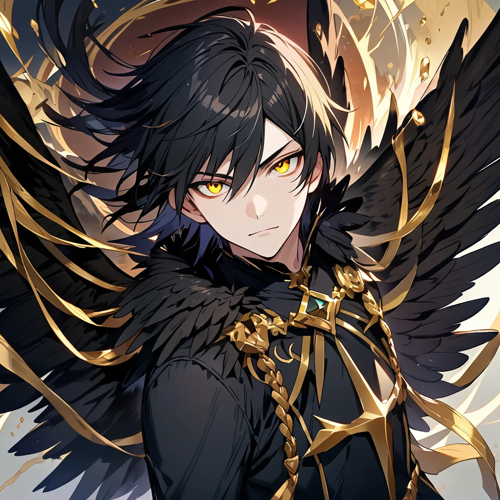 A male with black hair, have a black wings, gold eye Solo, High Resolution, Looking at viewer, HD, 