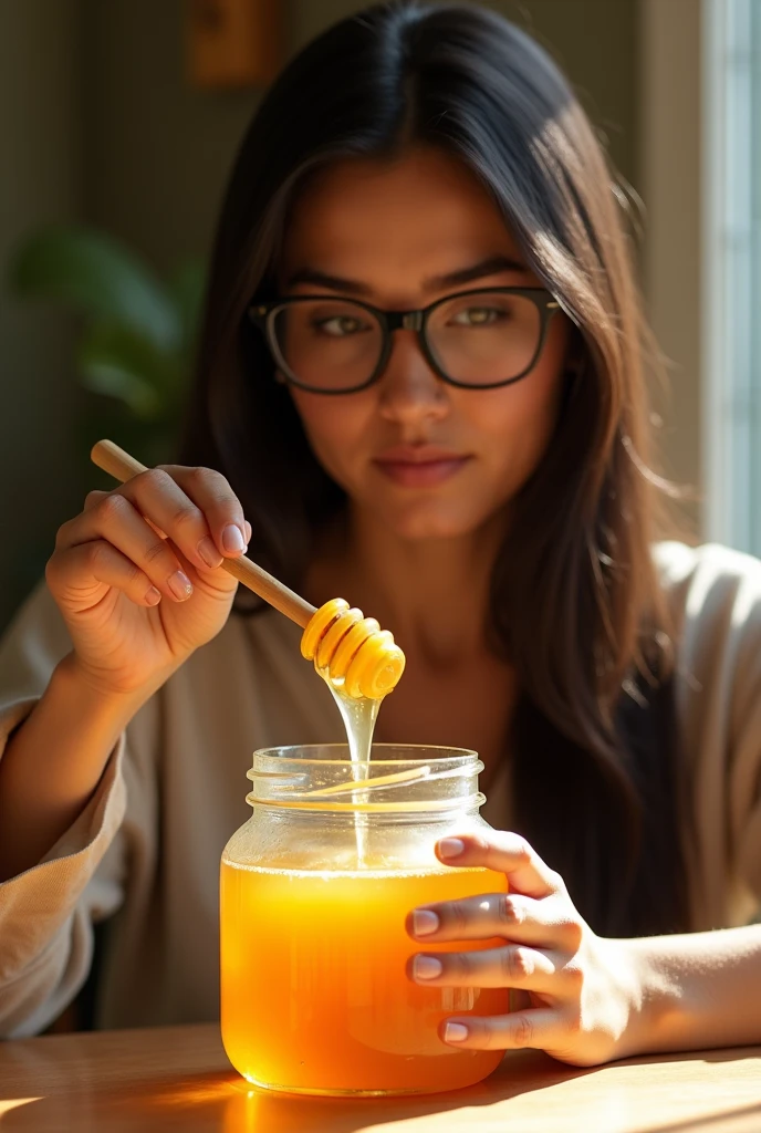 A slim straight haired girl with glasses slim Latina 
(shaking a jar of honey) Honey is a very viscous liquid.."
