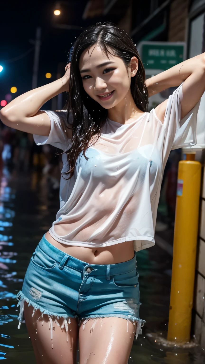 Songkran Festival, Wet Street , Soaked的年轻女孩, Soaked, Dripping, Wet clothes, Moist skin, Wet hair, 8K, masterpiece, Reality, beautiful, Happy