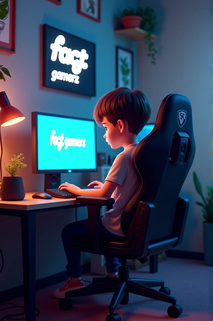 Creat a 3d boy in his gaming rome with pc game play sit chair and up side room wall background whatsapp load or write " "fact_gamerz"