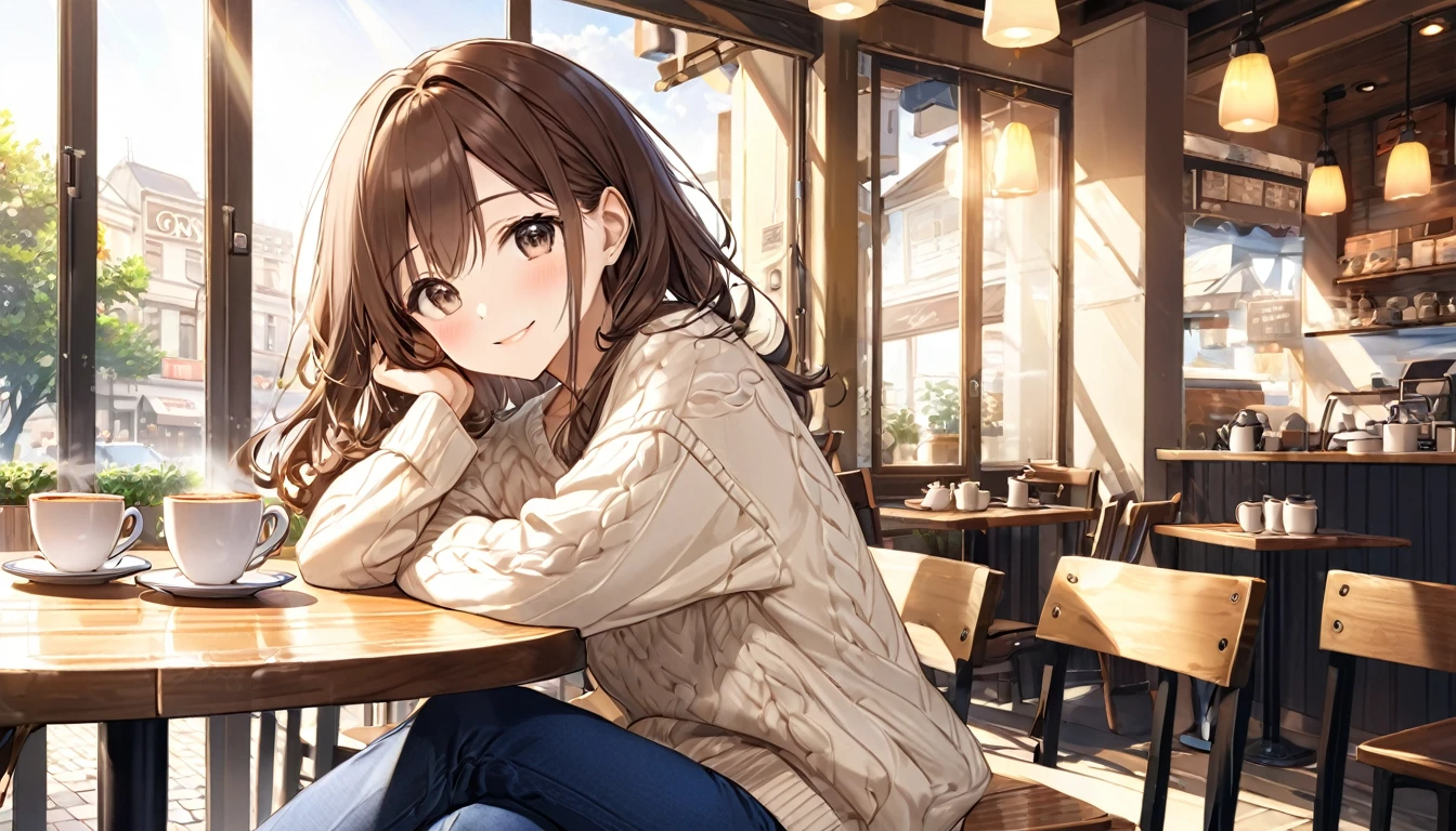 background:There is a wooden table and soft lighting.、A warm and cozy cafe seating。Outside there is a tree々And the sidewalk is visible.。
expression:With a gentle smile、Appearance of being at peace。
Costume:A soft cream-colored sweater、Dark Blue Jeans。On her feet she wears simple sneakers.。
Pause:Hold a hot cup of coffee in your right hand、His left hand is lightly touching the book on the table。The body is relaxed and leaning back in the chair。
scene:Morning sunlight pours in through the large windows of the cafe.、The light is soft on her hair and clothes.。The faint aroma of coffee fills the air inside the store.、Quiet music is playing。
(Brown haired woman wearing headphones), (Relaxing morning at the cafe), (Very detailed, masterpiece, Highest quality, bright), (Anime Style)(Cowboy shot or close-up)。