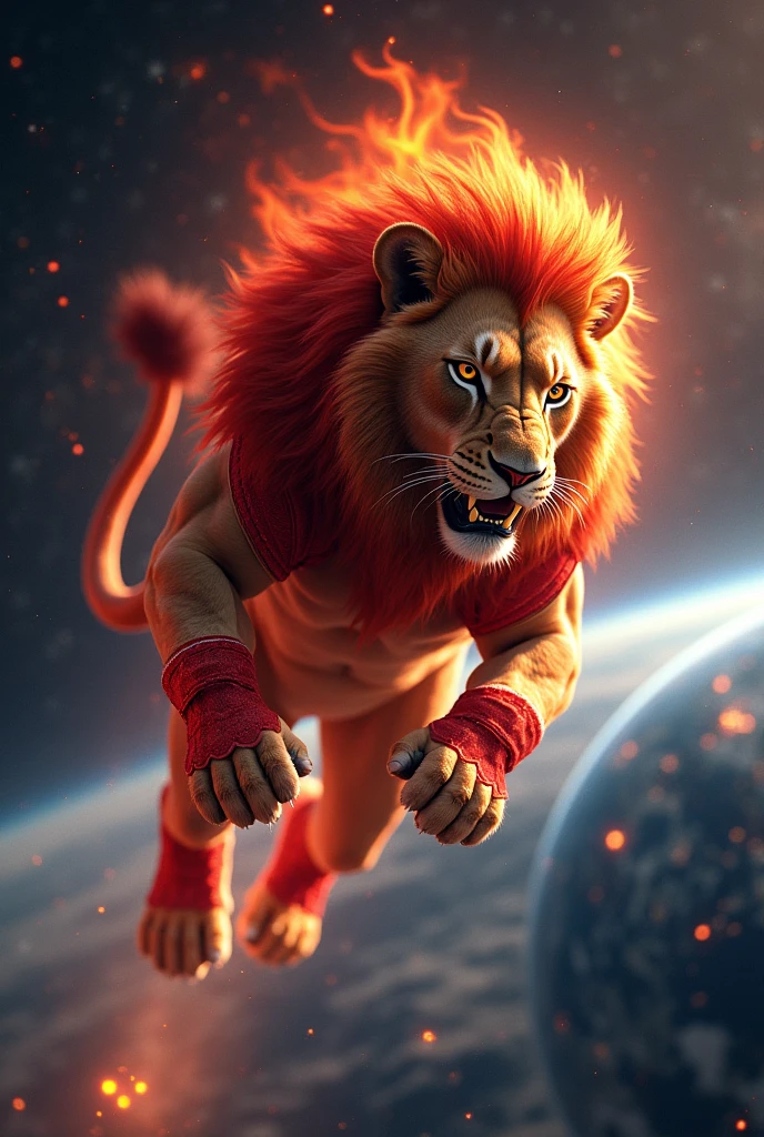 Cute Lion in red glossy fire costume in space with destroying earth