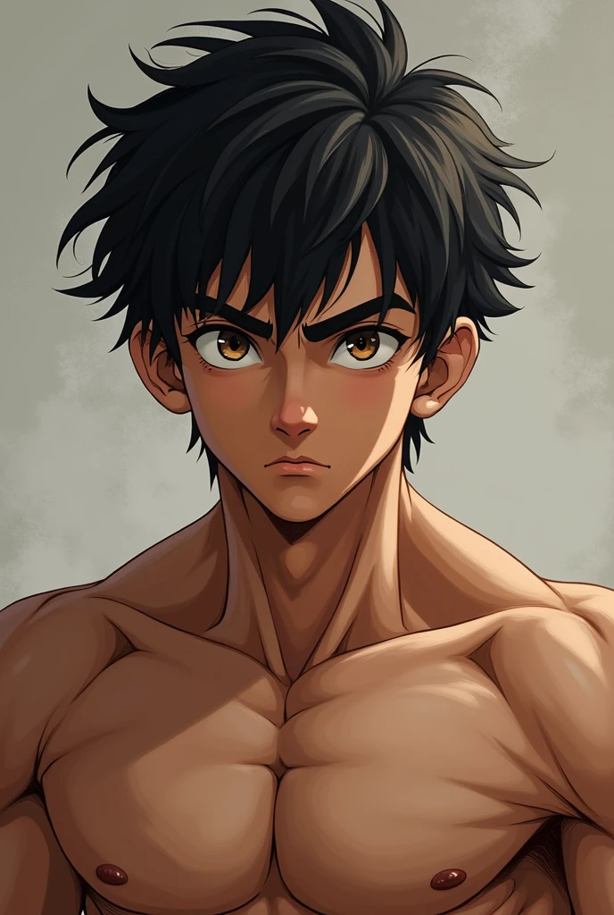 age boy, around 2, Brown skin, black hair is a bit messy, light brown eyes, adult male body, broad chest, strong arms, handsome and somewhat fierce face, fierce, but implied a calm and responsible figure, thick black eyebrows, jaw shape is quite firm, aquiline nose shape but small nasal bone, slightly thin lips, symmetrical face