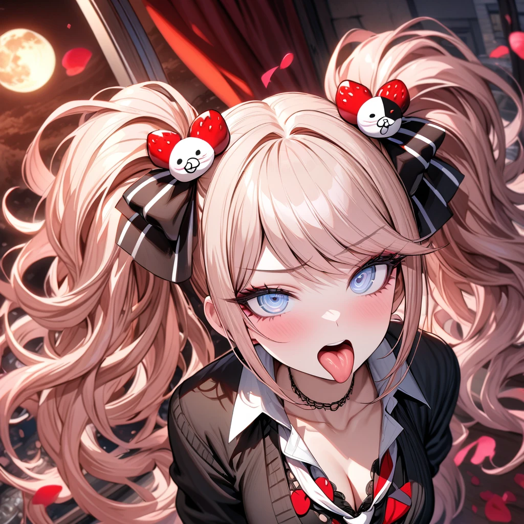 Ultra detailed, highres, absurdres, HDR, master piece, Enoshima Junko, strawberry-blonde hair tied in two twin pigtails, expressive light blue eye, winking, Danganronpa, black cardigan, white long necktie, sticking out her tongue, pink flowers, petals, moon, window, red curtains, woman, solo, extremely beautiful, very detailed face and eyes, best quality, fantasy, magical,