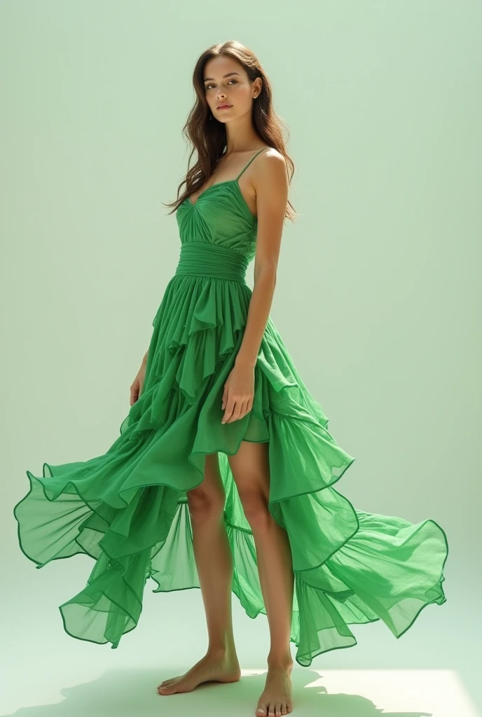 a one woman, with model bearing, with a creative green dress, on the knee, trapezip modeling, flowey, that transmits lightness,made from scraps of fabric