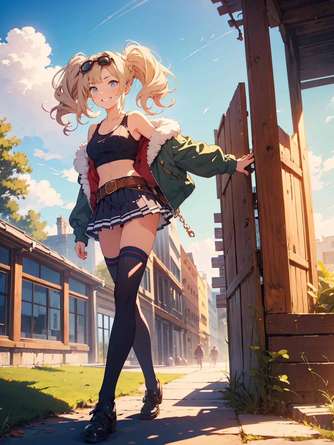 ( masterpiece), best quality, expressive eyes, perfect face, highres, moody angle, medium breast, full body, solo, Buoyant Smile, 1girl, zetadark, twintails, sunglasses, eyewear on head, fur trim, jacket, crop top, pleated skirt, thighhighs, belt, midriff, background, fantasy, middle ages, outdoor, market, walking, portrait, 