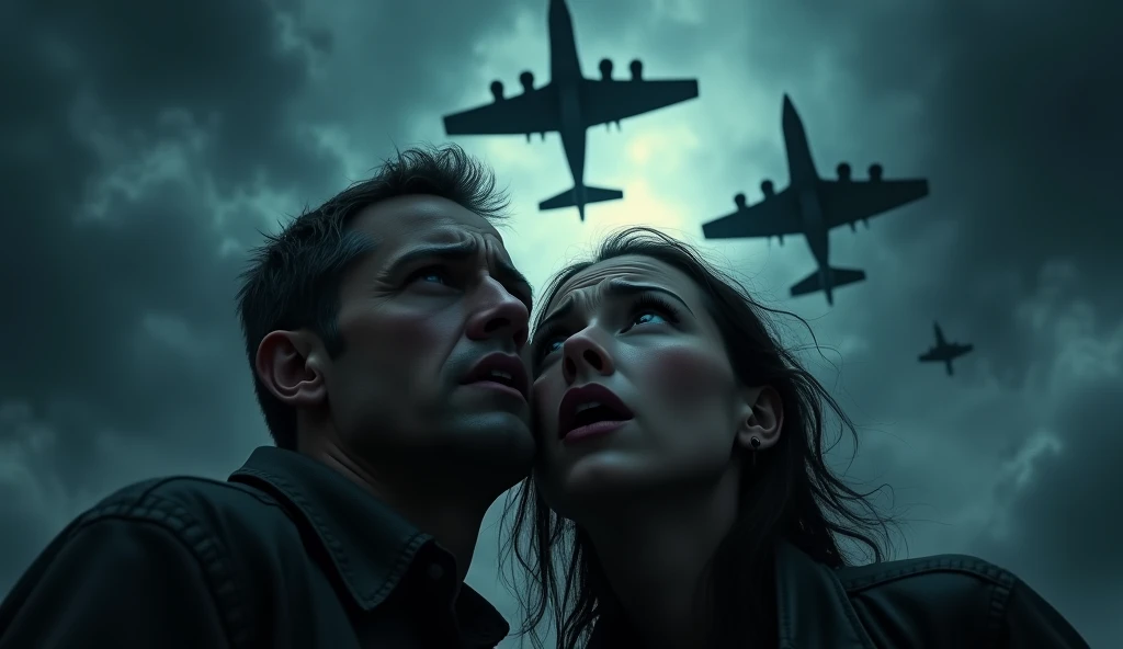 1940; warplanes(Shenyang J-16) in the skies; a terrified man and woman looking up at the night sky, extremely detailed, intricate details, cinematic lighting, dramatic, horror, moody, dark, ominous, (best quality,8k,photorealistic:1.4),chiaroscuro,dramatic lighting,eerie atmosphere,ominous clouds,dramatic shadows,realistic human anatomy,realistic skin texture,beautiful detailed eyes,beautiful detailed lips,extremely detailed eyes and face,longeyelashes