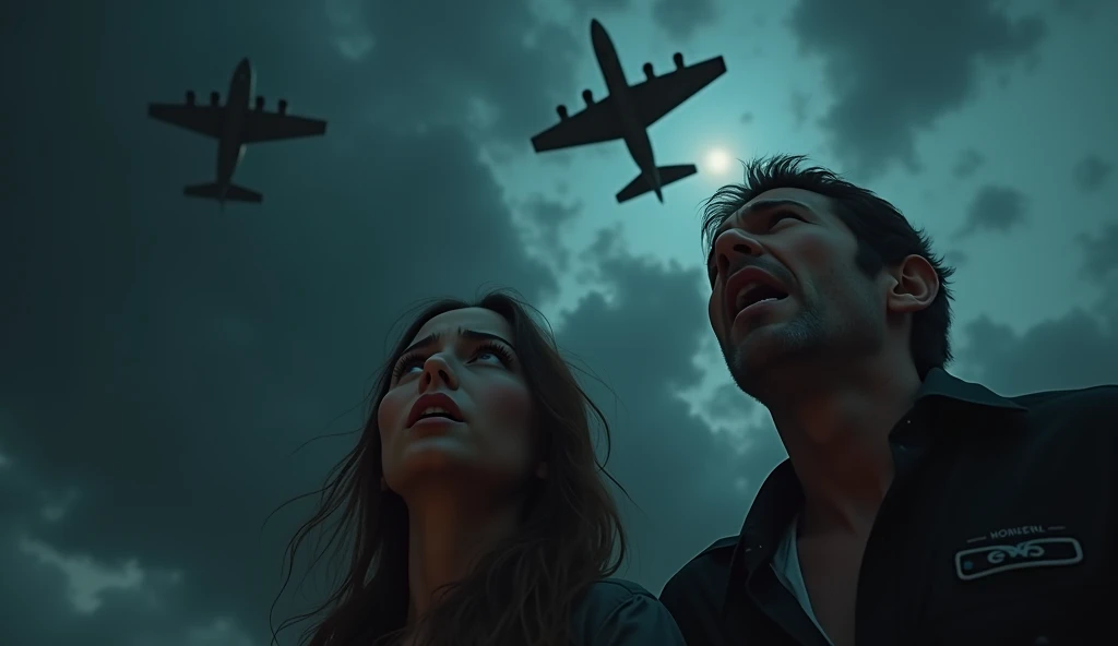 1940; warplanes(Shenyang J-16) in the skies; a terrified man and woman looking up at the night sky, extremely detailed, intricate details, cinematic lighting, dramatic, horror, moody, dark, ominous, (best quality,8k,photorealistic:1.4),chiaroscuro,dramatic lighting,eerie atmosphere,ominous clouds,dramatic shadows,realistic human anatomy,realistic skin texture,beautiful detailed eyes,beautiful detailed lips,extremely detailed eyes and face,longeyelashes
