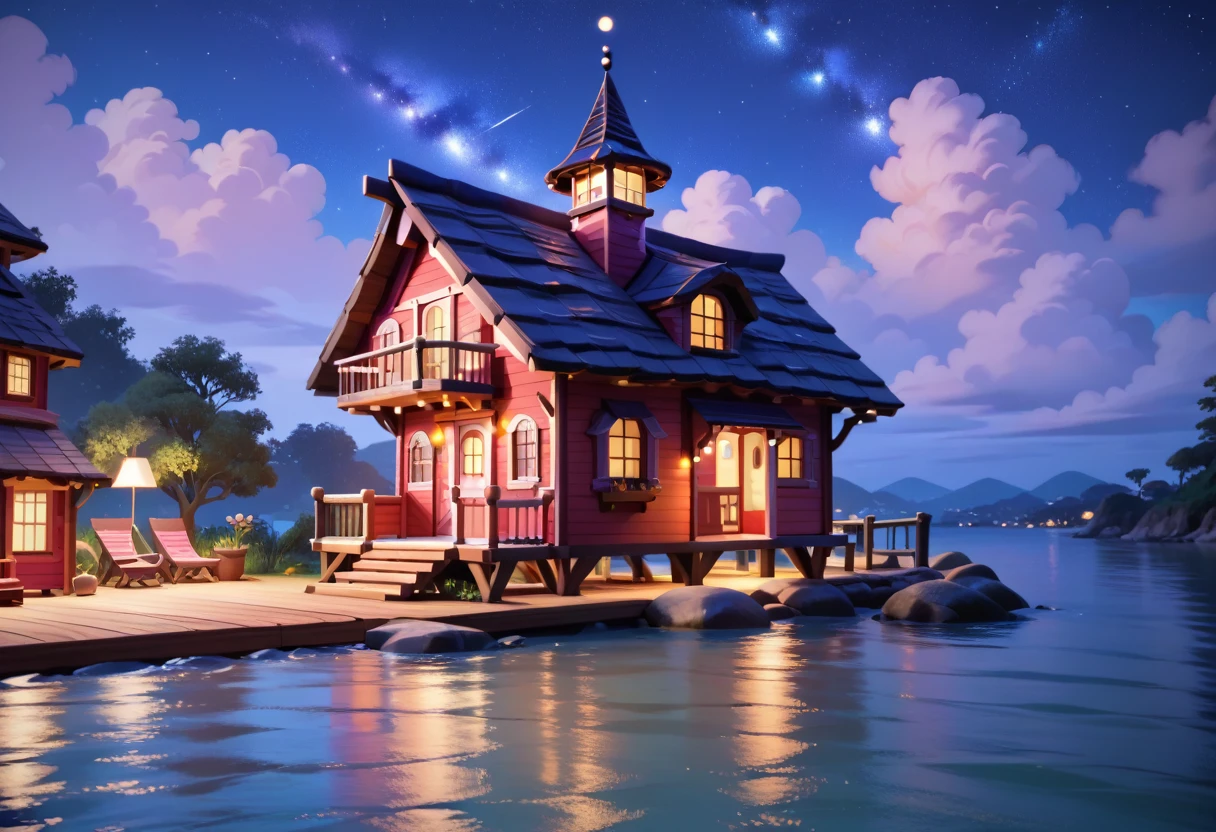 tiny bay pier, small house, poor house, nighttime, night sky, masterpiece quality, ultra HD, 4K, best quality
