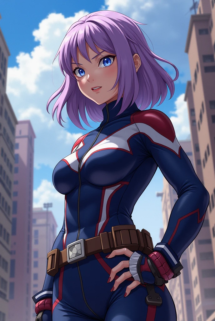 My héroe academy, Gender: Woman Medium length, light purple hair, blue eyes, Height 1.63 Normal build with medium bust similar to Ochako Uraraka