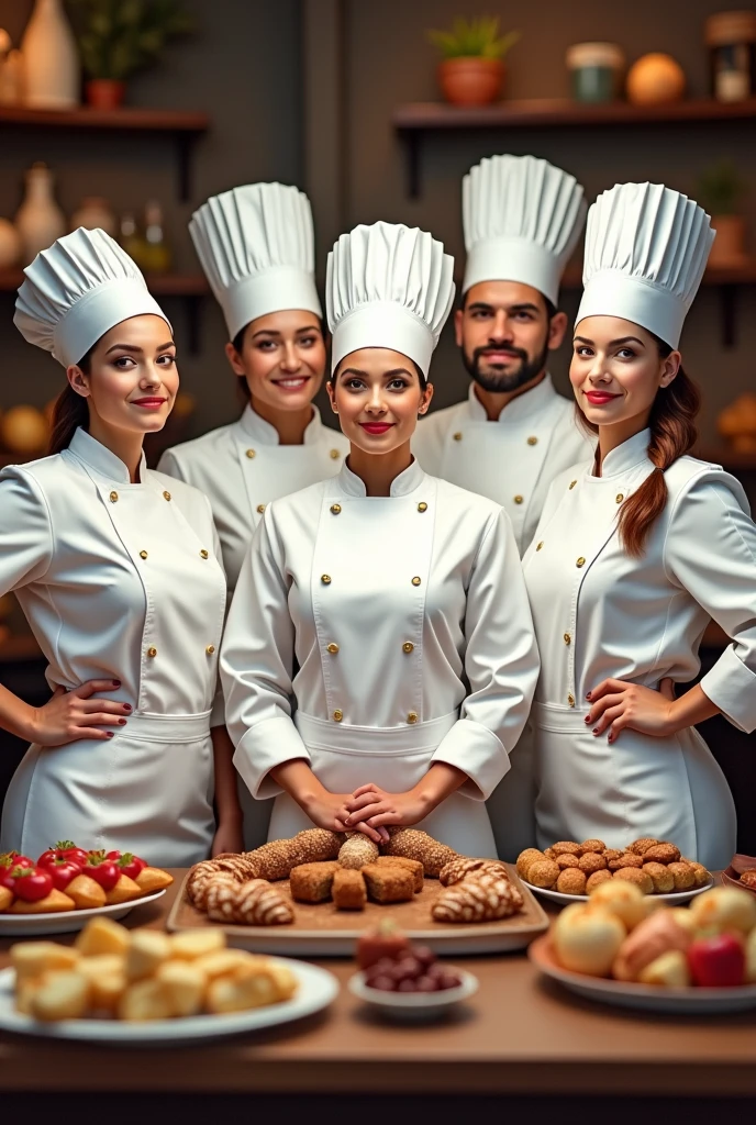 6 people, 4 women and 3 men wearing chef outfits, posing for a photo around a place full of sweets and savory snacks