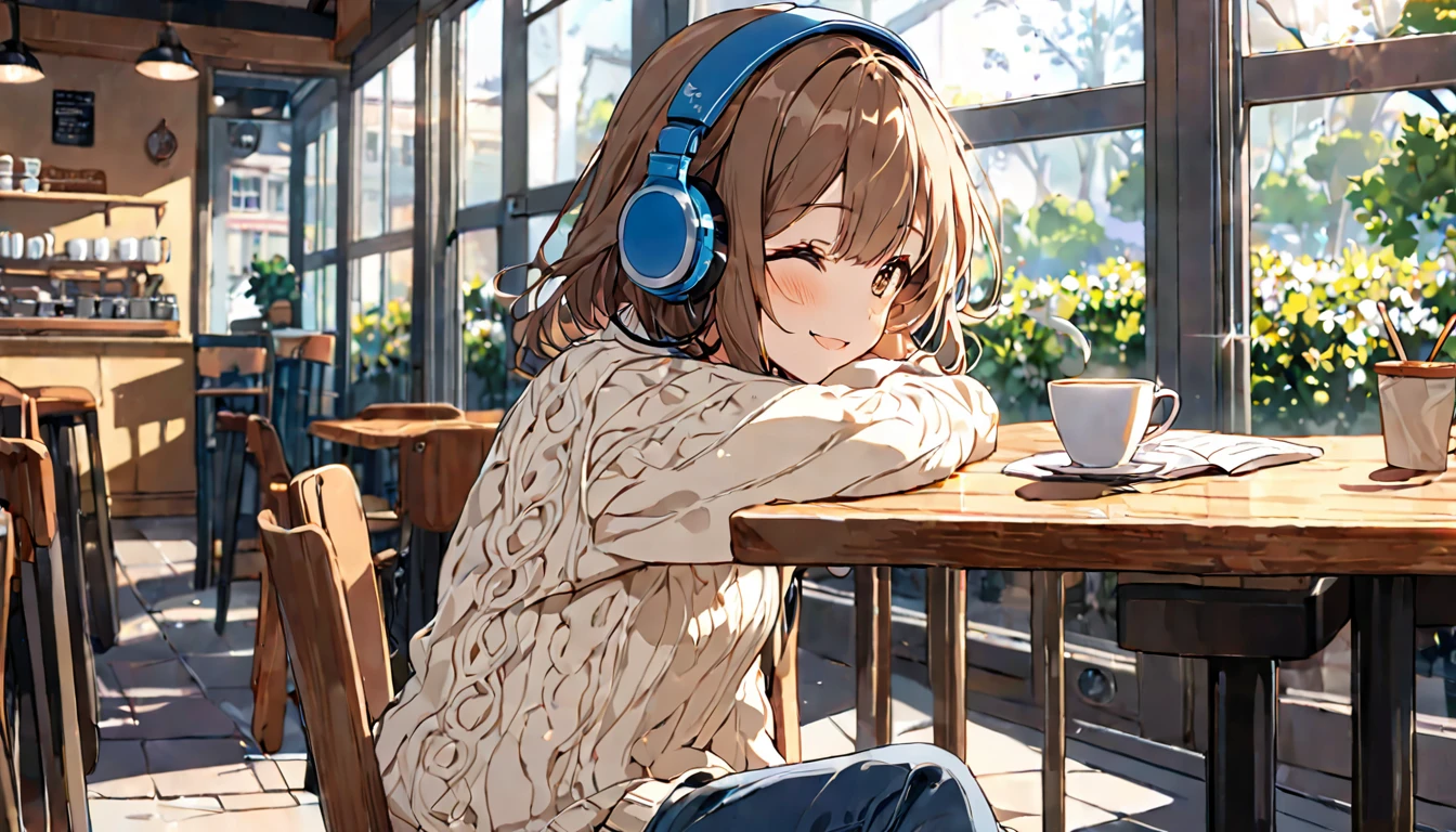 background:There is a wooden table and soft lighting.、A warm and cozy cafe seating。Outside there is a tree々And the sidewalk is visible.。 expression:With a gentle smile、Appearance of being at peace。 Costume:A soft cream-colored sweater、Dark Blue Jeans。On her feet she wears simple sneakers.。 Pause:Hold a hot cup of coffee in your right hand、His left hand is lightly touching the book on the table。The body is relaxed and leaning back in the chair。 scene:Morning sunlight pours in through the large windows of the cafe.、The light is soft on her hair and clothes.。The faint aroma of coffee fills the air inside the store.、Quiet music is playing。 (Brown haired woman wearing headphones), (Relaxing morning at the cafe), (Very detailed, masterpiece, Highest quality, bright), (Anime Style)(Cowboy shot or close-up)。