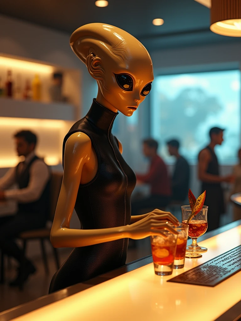 alien at a restaurant doing bartender