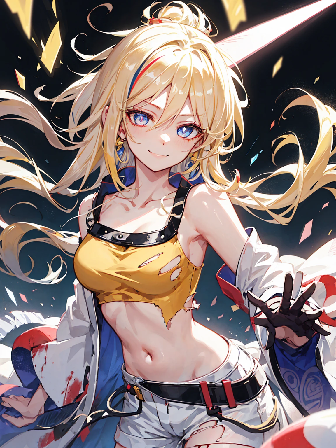smile, Blood_Skelter, bright eyes, 1girl, uzumaki naruto, blonde hair, yellow clothing, fighting, bare hands, unzipped, detailed collarbone, perfect collarbone, battle damage, solo, torn clothes, straight look, very detailed, anime, hd, masterpiece, drawing, 8k, professional, symmetrical, (detailed eyes, iris of eyes:0.5), (looking at camera:0.8), blue eyes, yellow hair, sparks, rays, detailed iris, sparkle eyes, star in eyes, enchanting blue eyes, (multicolored eyes), (blonde hair:1.3), (floating hair:1.3), (hair between eyes), (hair over one eye:1.3), (floating hair:1.3)