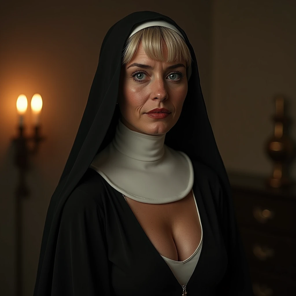 (Photorealistic:1.4), (Masterpiece artwork:1.3), (Maximum quality:1.4), Ultrarealistic, HD 8k,
full body showing very big ass, quadril avantajado e seios enormes e proporcionais
Woman madura, aged 50, with a very big ass and huge breasts dressed as a nun
(Cao Cao (muscular) black male )),
man black lycra thong, powerful jaw, dominant, Big muscular arms, broad chest, narrow waisted, strong legs, clean face,
her bright expression, extremely beautiful, awesome gorgeous, Extraordinary beauty, Detailed cute e beautiful face, Beautiful big blue eyes,freckles, blonde hair with short bun, small and cheerful nose, thin red lips, beautiful bangs, Bright, glowing white skin, Bangs that extend to the face, tight body, toned abdomen, sexy buttocks, huge and steep, subtle makeup, extremely pale Woman, Extremely pale skin,
(candlelit castle room), dark lighting, the nun has a very big ass, wide hip de 120 cm, huge breasts alternative vibe,vibrant lighting, hight contrast,dramatic shadows,highy detailed,skin detailed,Depth of field,dynamic angle,bright lighting, film grain,
Woman (translucent gold swimsuit)
men's lycra thong,
full body view, Woman e man show desire, (man holding her neck kissing her), legs intertwined, full steing view, Look of desire, sensual bite lips , 5 fingers, Perfect feet, passionate pose, ((uncovered body)), full body exposed, (NO DEFORMATIONS), (no tattoos), (perfect toes), extremely explicit e erotic, detailed chest, nun with a big ass, very big tits, wide hip, elderly nun with a spectacular body