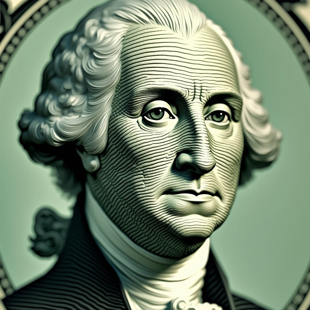 Dollar Bill Close-up: A close-up of George Washington’s face as it appears on the U.S. dollar bill, highlighting his iconic status