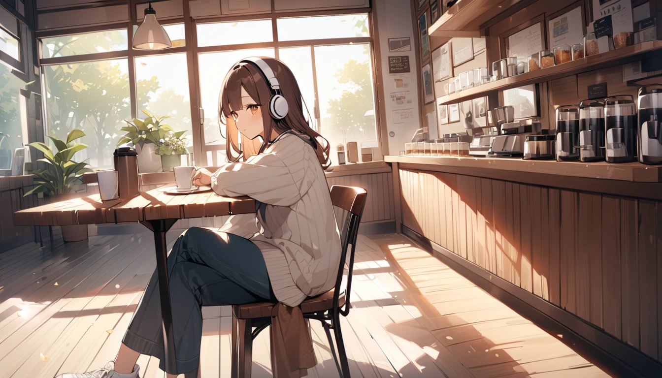 background:There is a wooden table and soft lighting.、A warm and cozy cafe seating。Outside there is a tree々And the sidewalk is visible.。 expression:With a gentle smile、Appearance of being at peace。 Costume:A soft cream-colored sweater、Dark Blue Jeans。On her feet she wears simple sneakers.。 Pause:Hold a hot cup of coffee in your right hand、His left hand is lightly touching the book on the table。The body is relaxed and leaning back in the chair。 scene:Morning sunlight pours in through the large windows of the cafe.、The light is soft on her hair and clothes.。The faint aroma of coffee fills the air inside the store.、Quiet music is playing。 (Brown haired woman wearing headphones), (Relaxing morning at the cafe), (Very detailed, masterpiece, Highest quality, bright), (Anime Style)(Cowboy shot or close-up)。