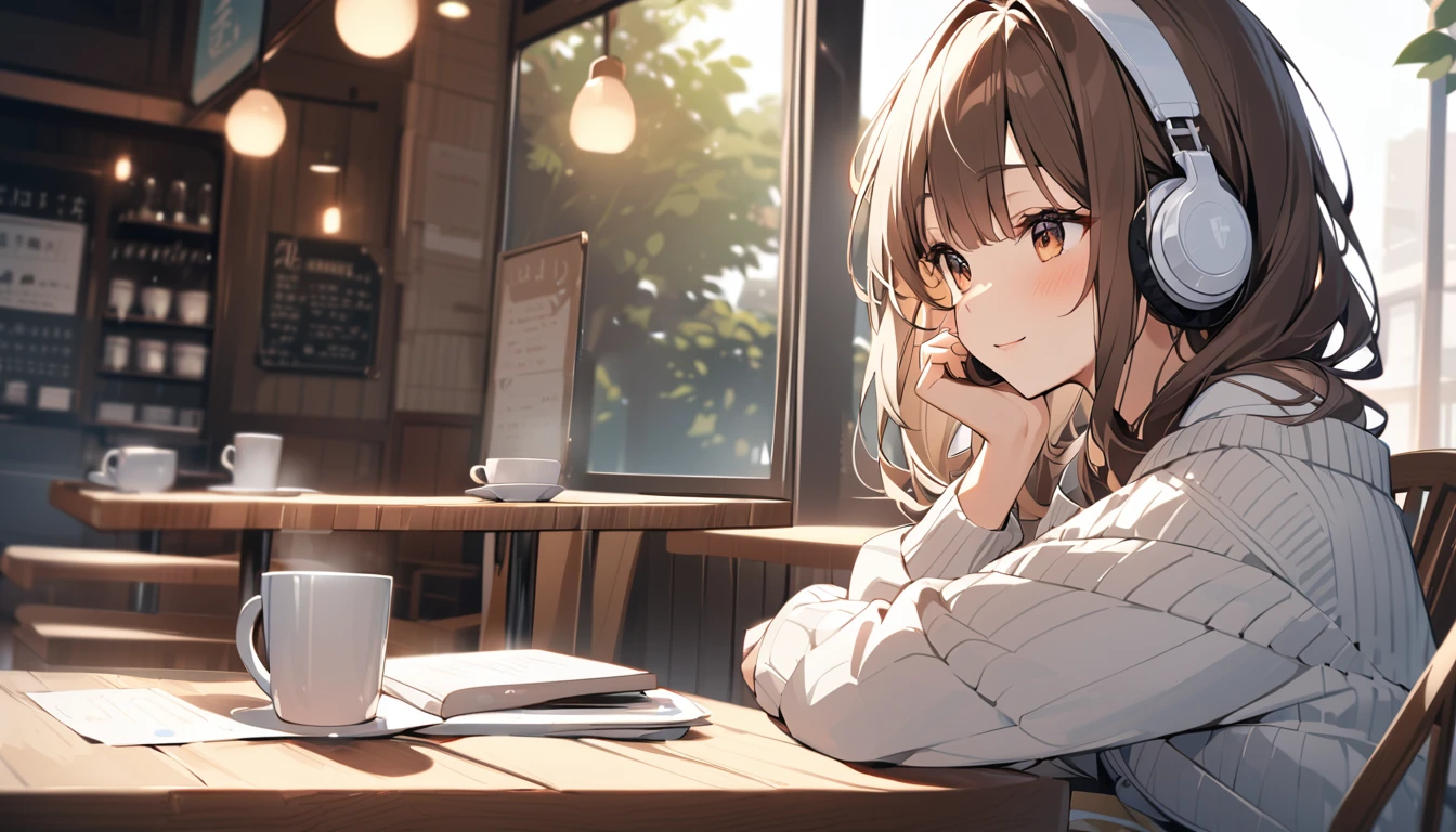 background:There is a wooden table and soft lighting.、A warm and cozy cafe seating。Outside there is a tree々And the sidewalk is visible.。 expression:With a gentle smile、Appearance of being at peace。 Costume:A soft cream-colored sweater、Dark Blue Jeans。On her feet she wears simple sneakers.。 Pause:Hold a hot cup of coffee in your right hand、His left hand is lightly touching the book on the table。The body is relaxed and leaning back in the chair。 scene:Morning sunlight pours in through the large windows of the cafe.、The light is soft on her hair and clothes.。The faint aroma of coffee fills the air inside the store.、Quiet music is playing。 (Brown haired woman wearing headphones), (Relaxing morning at the cafe), (Very detailed, masterpiece, Highest quality, bright), (Anime Style)(Cowboy shot or close-up)。