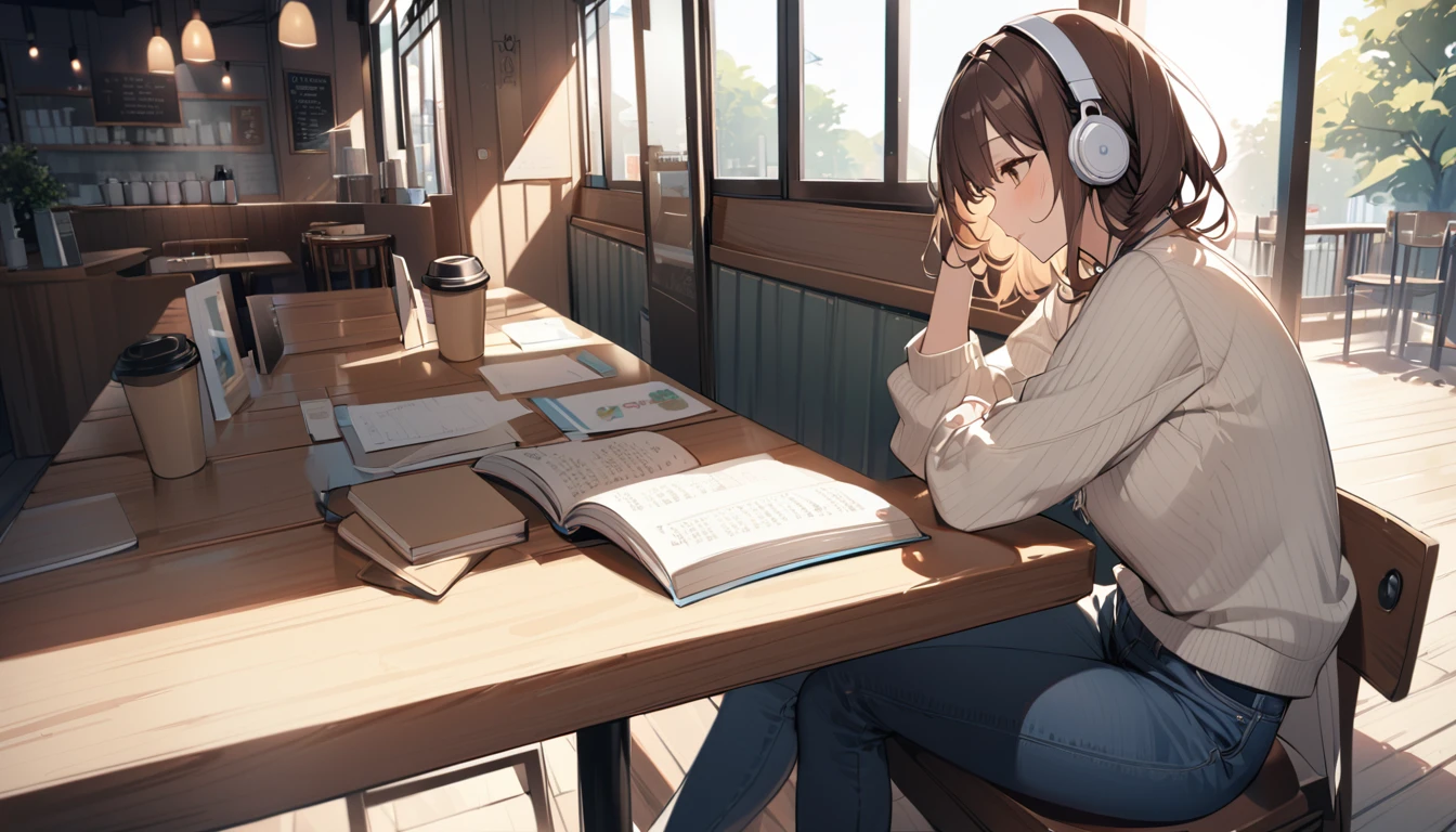 background:There is a wooden table and soft lighting.、A warm and cozy cafe seating。Outside there is a tree々And the sidewalk is visible.。 expression:With a gentle smile、Appearance of being at peace。 Costume:A soft cream-colored sweater、Dark Blue Jeans。On her feet she wears simple sneakers.。 Pause:Hold a hot cup of coffee in your right hand、His left hand is lightly touching the book on the table。The body is relaxed and leaning back in the chair。 scene:Morning sunlight pours in through the large windows of the cafe.、The light is soft on her hair and clothes.。The faint aroma of coffee fills the air inside the store.、Quiet music is playing。 (Brown haired woman wearing headphones), (Relaxing morning at the cafe), (Very detailed, masterpiece, Highest quality, bright), (Anime Style)(Cowboy shot or close-up)。