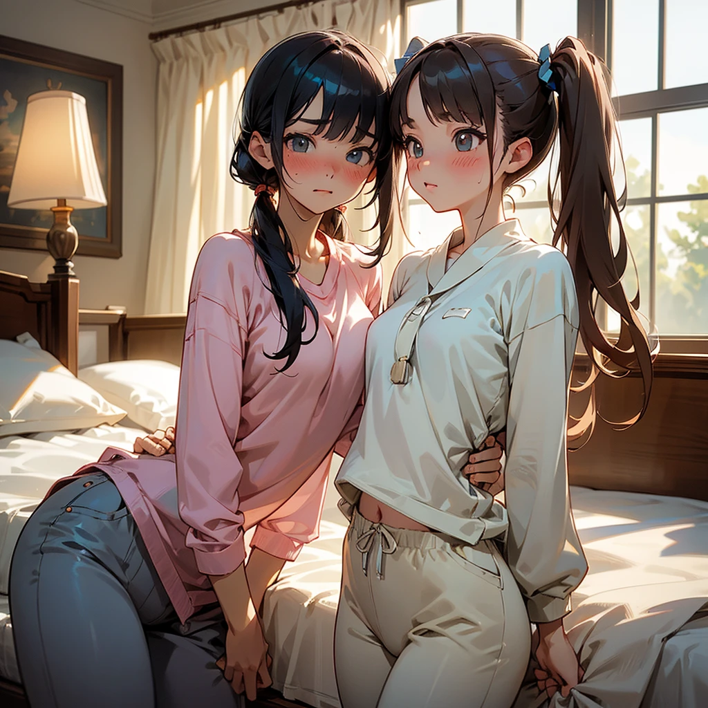Two Girls, Blushing, Gaze, chest, High resolution, masterpiece, accurate, Anatomically correct, Winner of numerous awards, Highest quality, Twin tails, 大きなchest, Cowboy Shot, Backlight, Loungewear、Bedroom、Dolphin Pants
