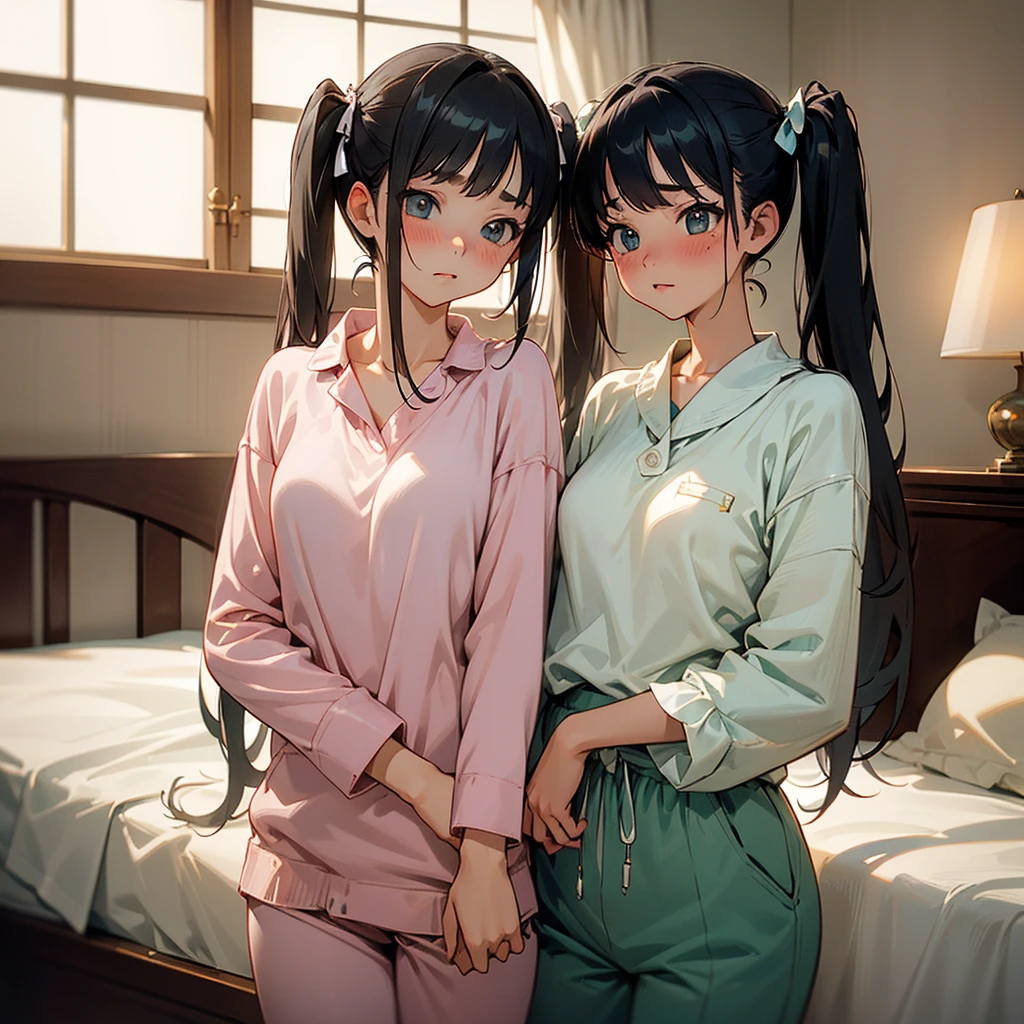 Two Girls, Blushing, Gaze, chest, High resolution, masterpiece, accurate, Anatomically correct, Winner of numerous awards, Highest quality, Twin tails, 大きなchest, Cowboy Shot, Backlight, Loungewear、Bedroom、Dolphin Pants