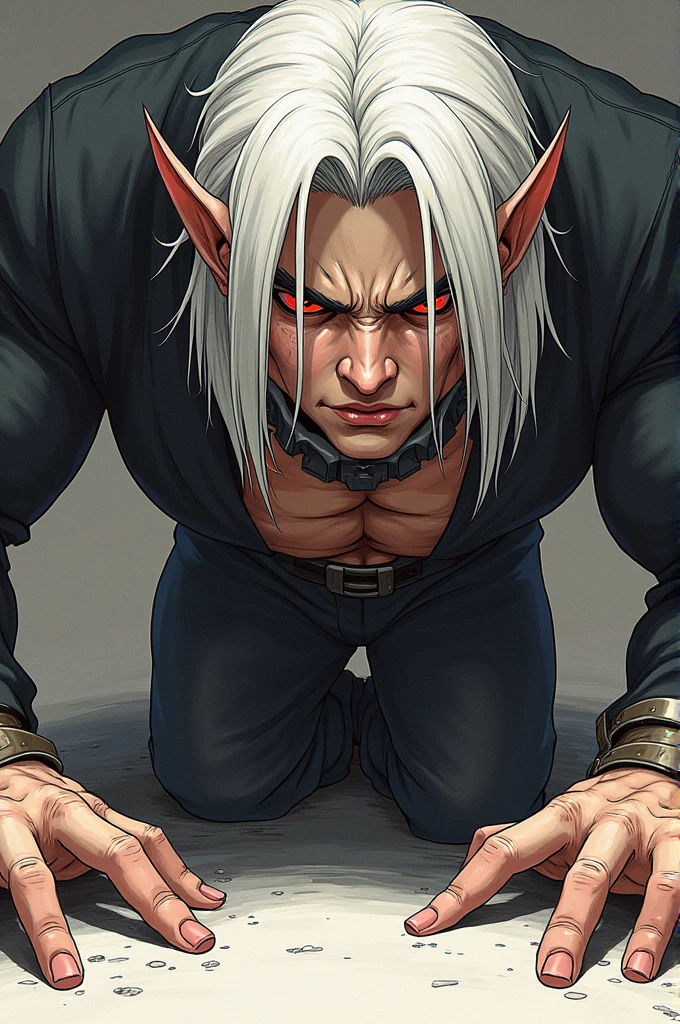 strong demon boy, adult, Red eyes, long white hair, He has a collar and wears boots, chest, ink style, 2d, animation, It&#39;s like he&#39;s on top of you, cornering you with his hands., tender and serious view, focused on his abdomen and mouth