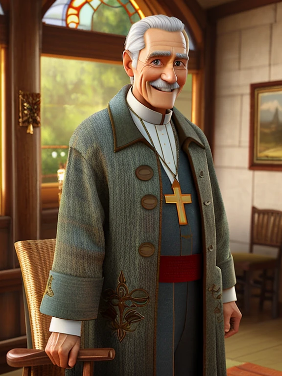 Pixarstyle A waist-high portrait of an elderly man, smile, Christian Priest, traditional Father attire, natural skin texture, 4K textures, HDR, intricate, highly detailed, sharp focus, cinematic look, hyper-detailed