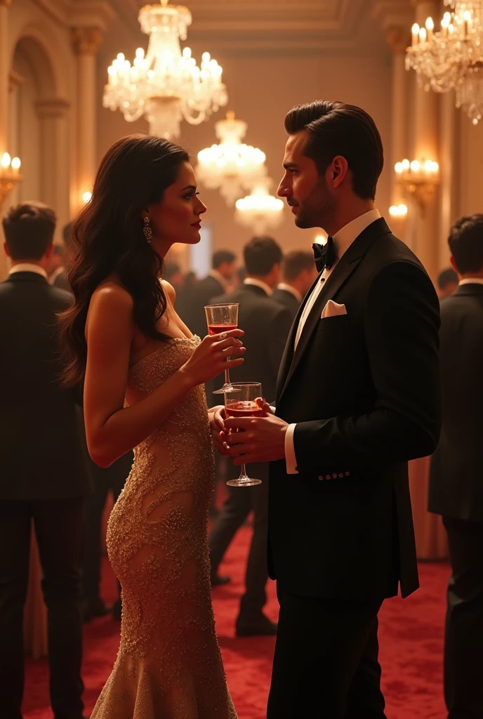Woman, brunette in evening dress, holding a drink next to a guy in a suit at a fancy party, real photografic