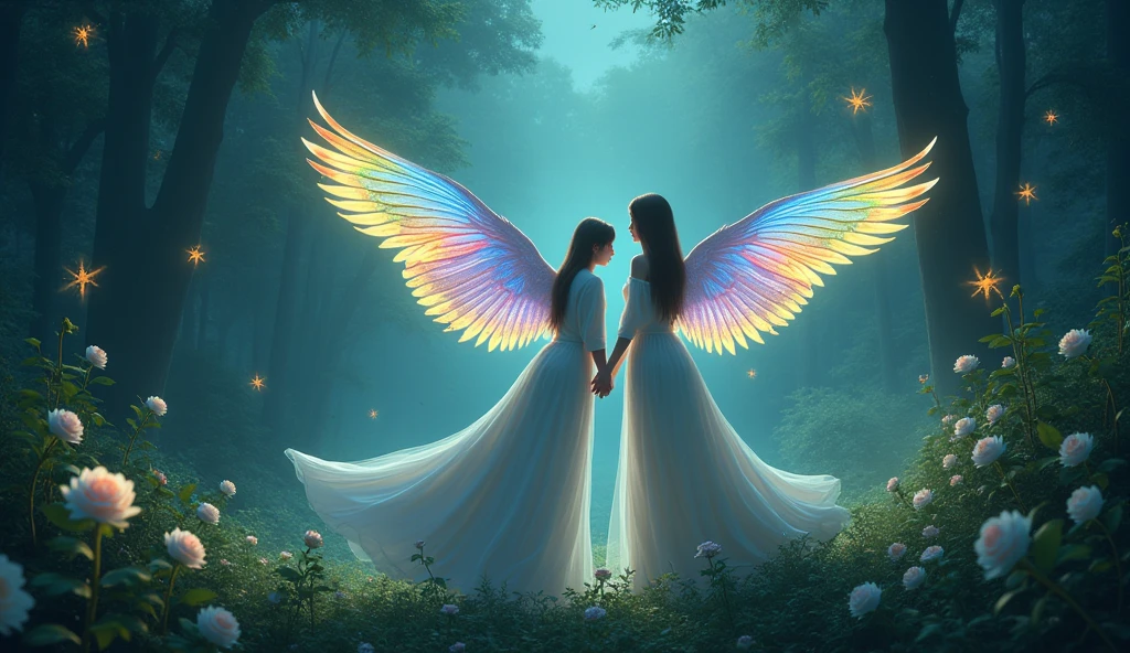 Make bird wings ,Vivid Wings , Beautiful forest background, wearing long dresses, A small bee is drawn on a white rose , A beautiful night forest with tiny light insects dancing