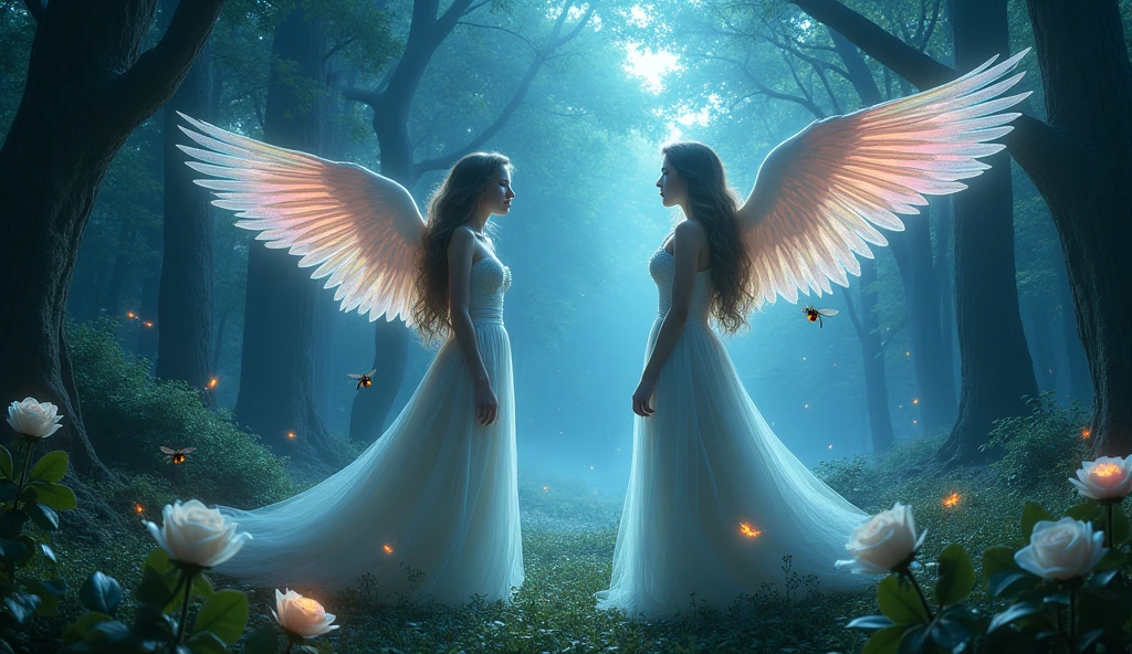 Make bird wings ,Vivid Wings , Beautiful forest background, wearing long dresses, A small bee is drawn on a white rose , A beautiful night forest with tiny light insects dancing 